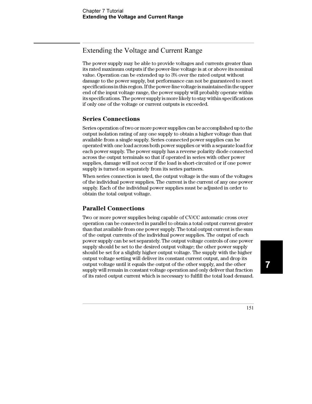 Agilent Technologies E3632A manual Extending the Voltage and Current Range, Series Connections, Parallel Connections, 151 