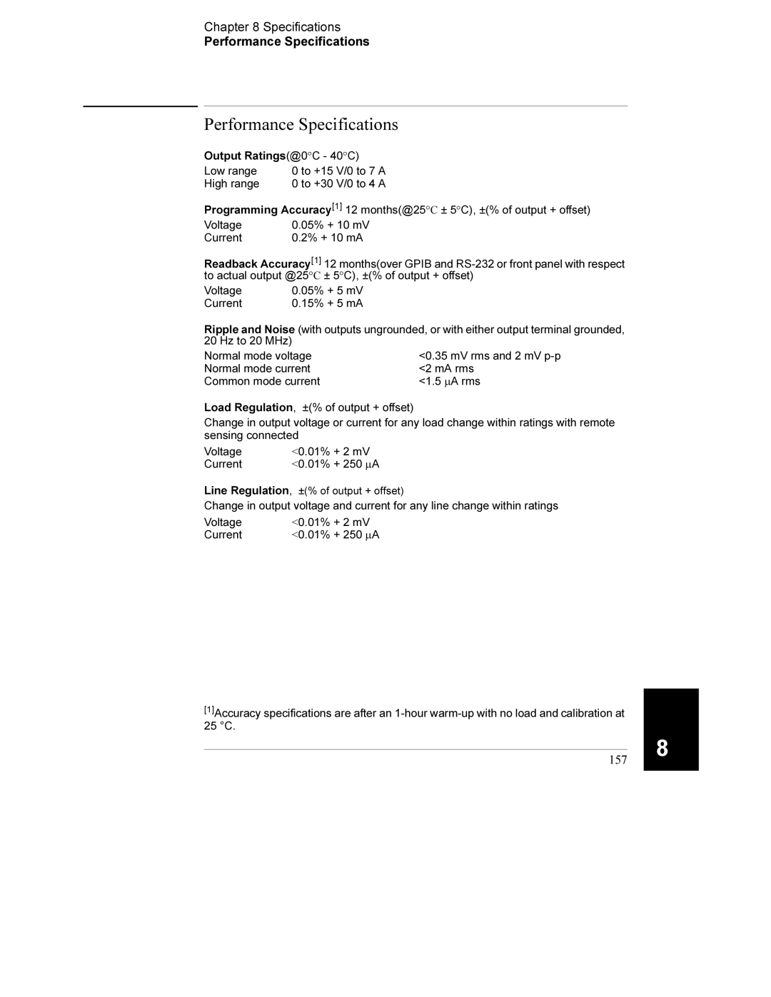 Agilent Technologies E3632A manual Specifications Performance Specifications, 157 