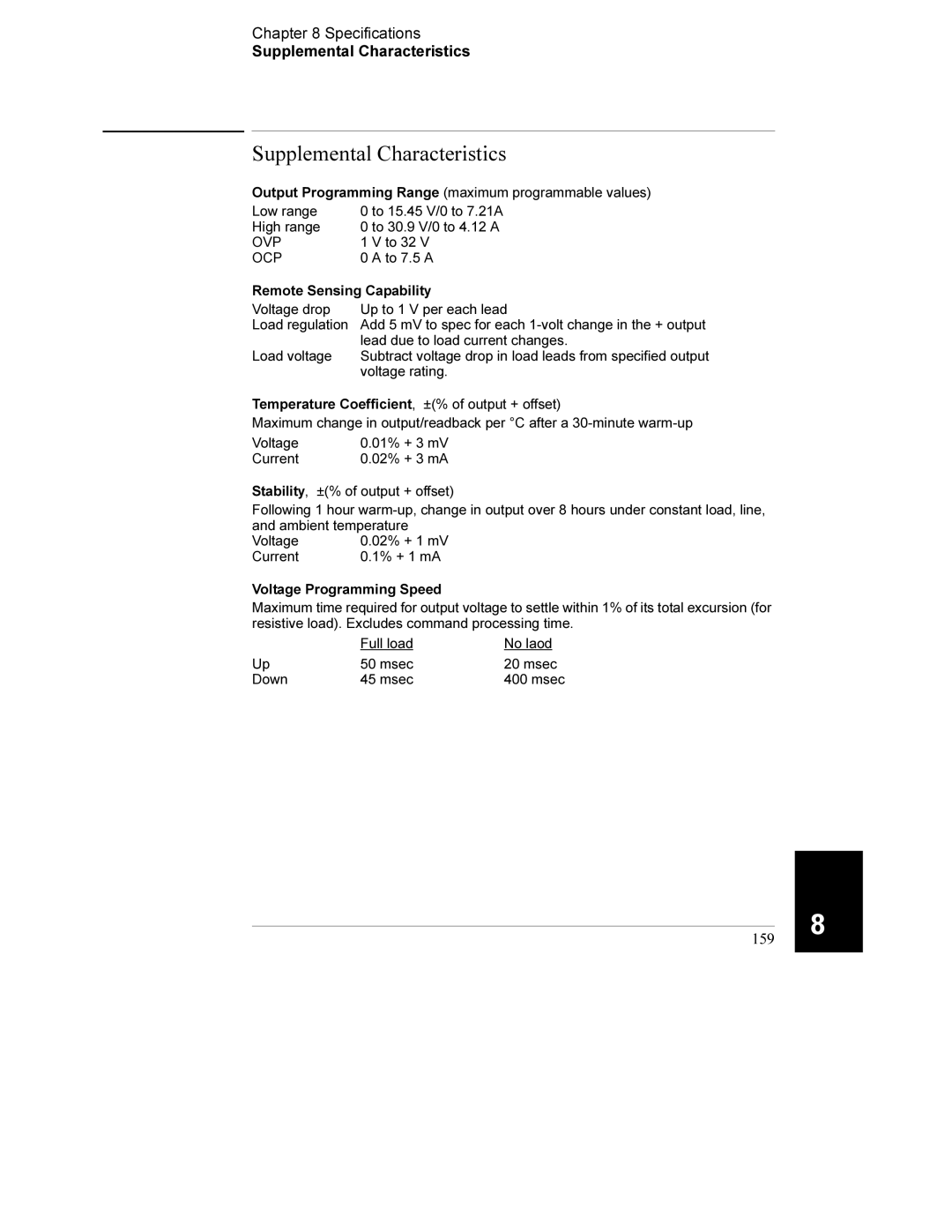 Agilent Technologies E3632A manual Specifications Supplemental Characteristics, 159 