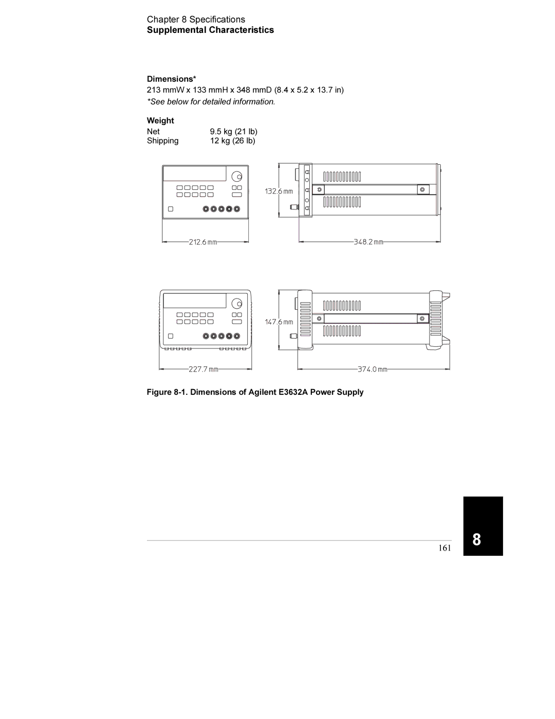 Agilent Technologies manual 161, Dimensions of Agilent E3632A Power Supply 