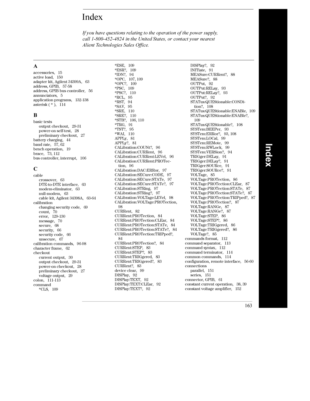 Agilent Technologies E3632A manual Index, 163 