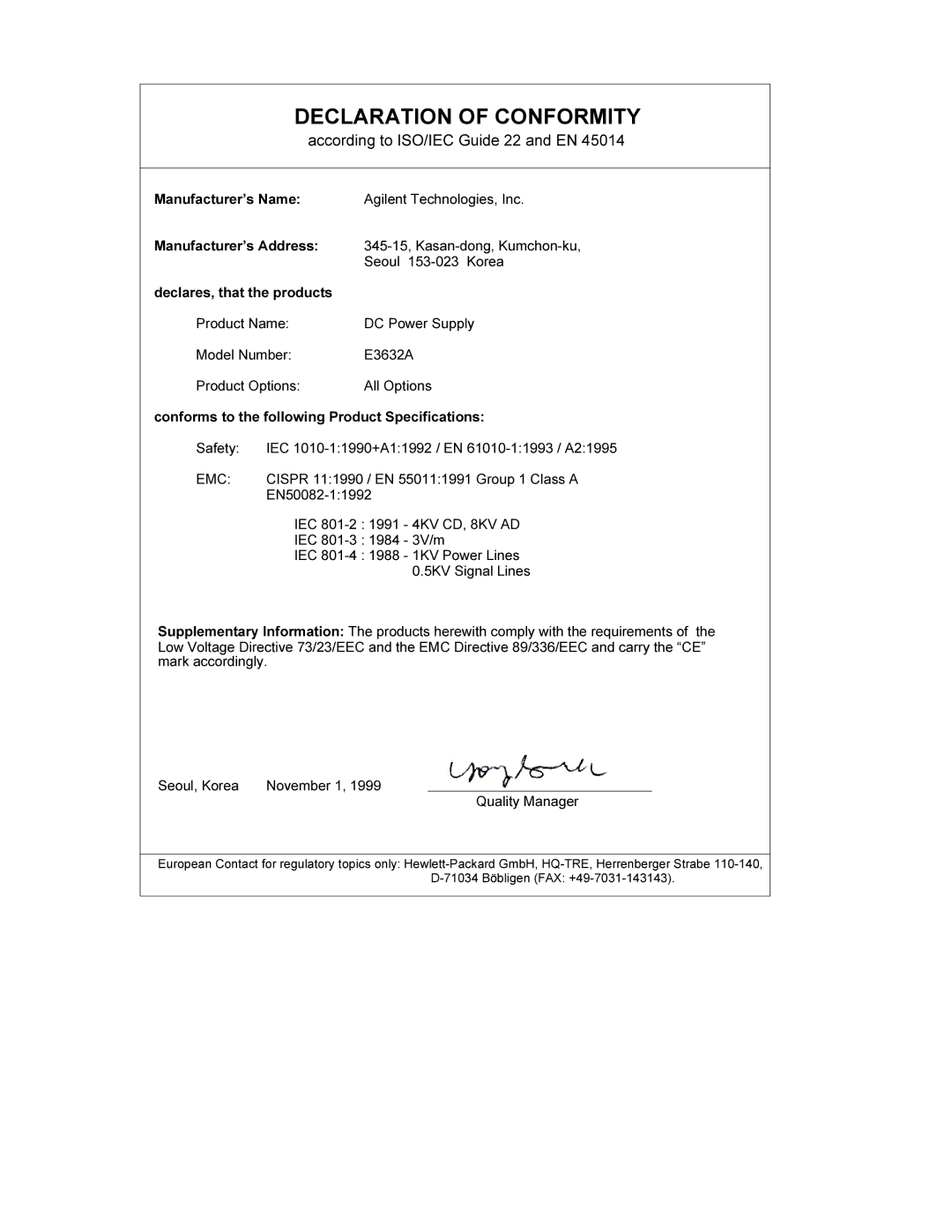 Agilent Technologies E3632A manual Declaration of Conformity, According to ISO/IEC Guide 22 and EN 