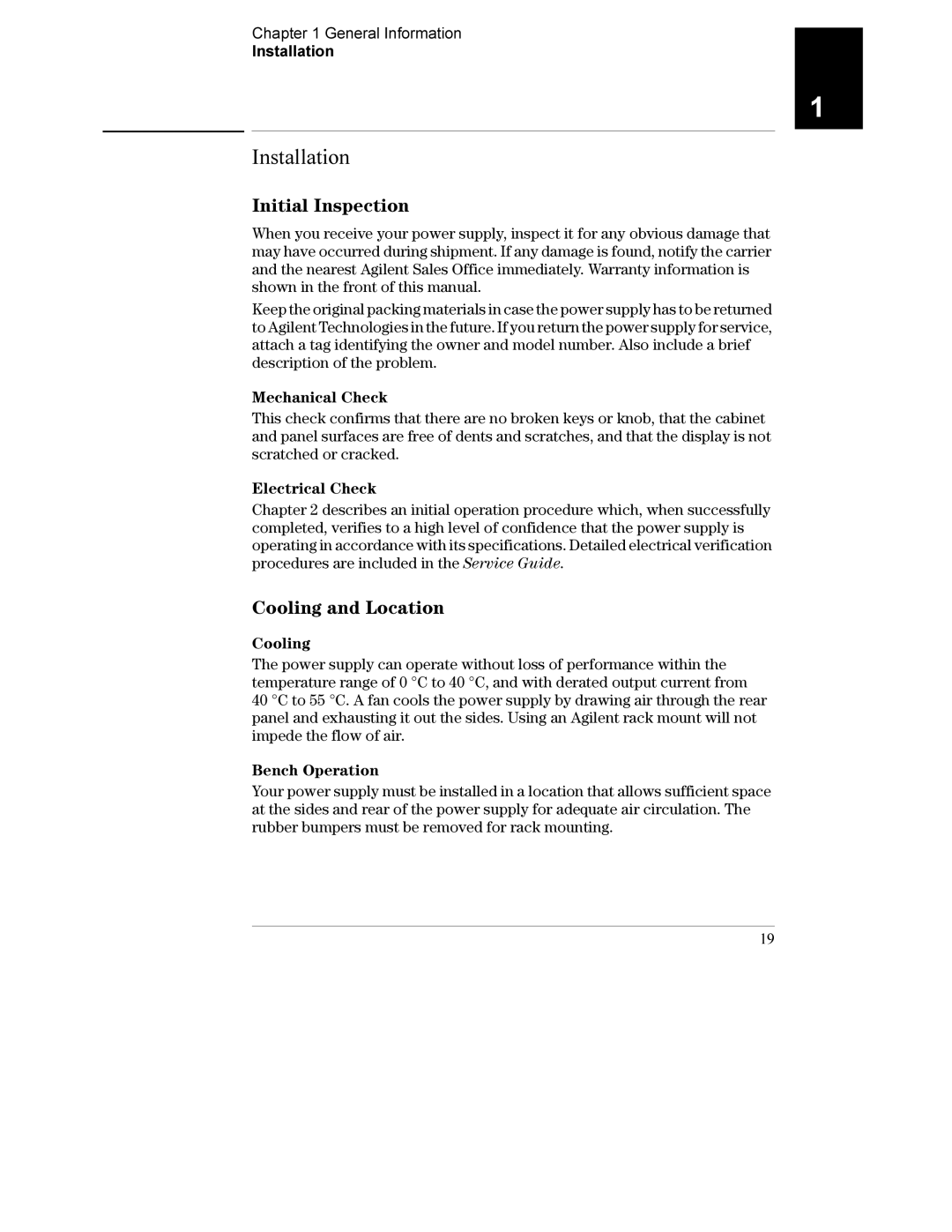 Agilent Technologies E3632A manual Installation, Initial Inspection, Cooling and Location 