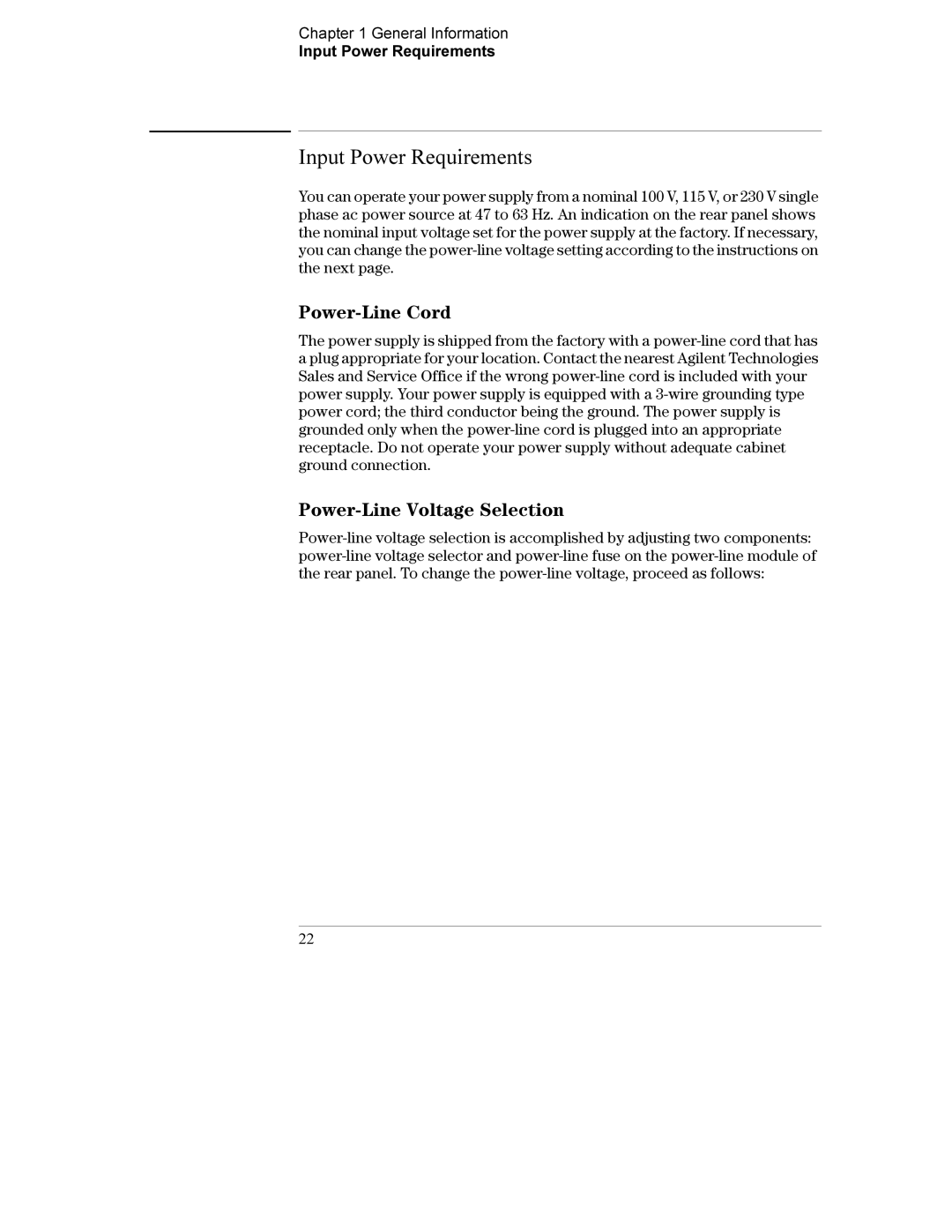 Agilent Technologies E3632A manual Input Power Requirements, Power-Line Cord, Power-Line Voltage Selection 