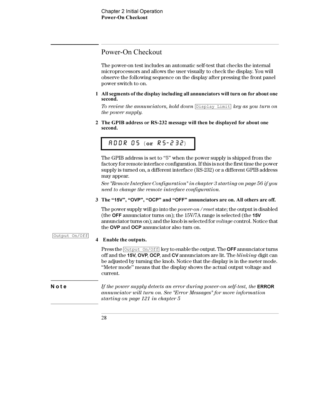 Agilent Technologies E3632A manual Addr 05 or RS-232, Initial Operation Power-On Checkout, Enable the outputs 