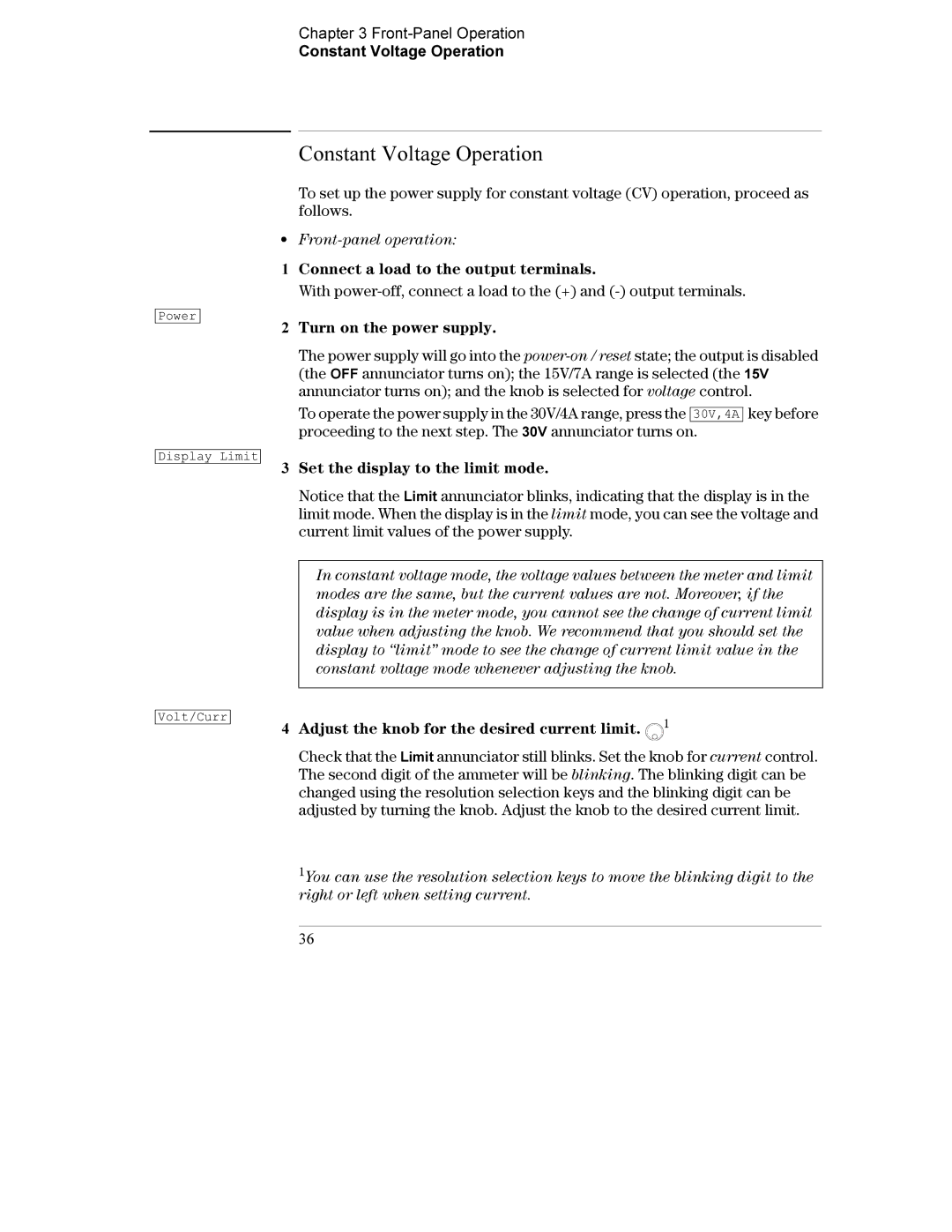 Agilent Technologies E3632A Front-Panel Operation Constant Voltage Operation, Connect a load to the output terminals 