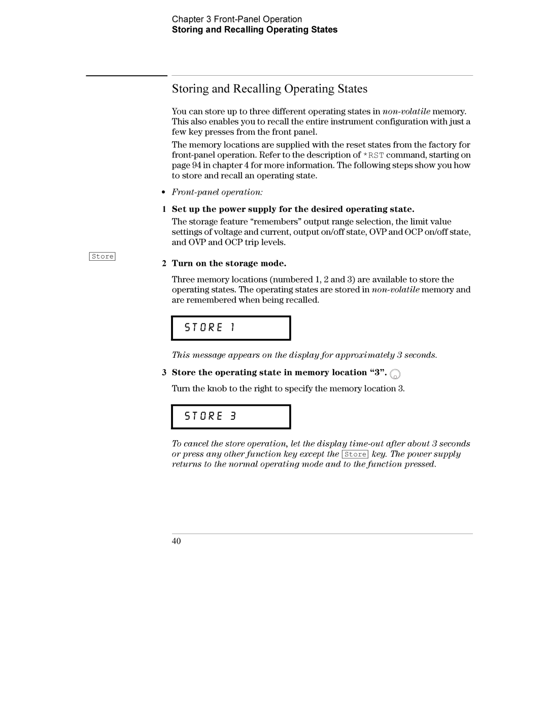 Agilent Technologies E3632A manual Storing and Recalling Operating States, Turn on the storage mode 