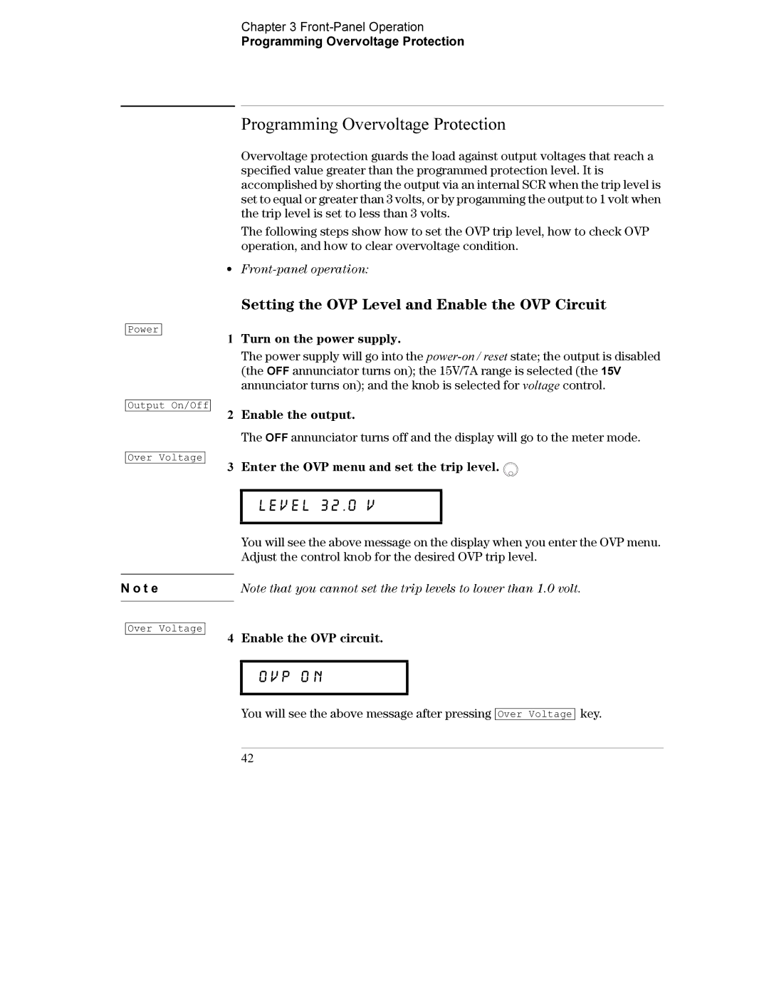 Agilent Technologies E3632A manual Programming Overvoltage Protection, Setting the OVP Level and Enable the OVP Circuit 