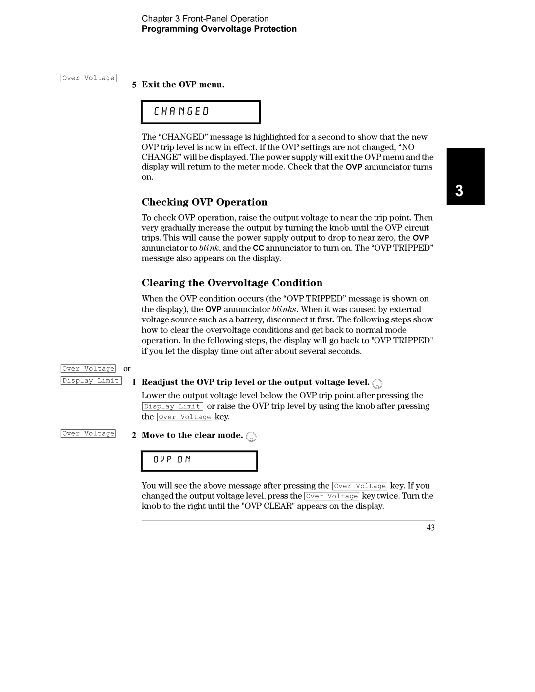 Agilent Technologies E3632A manual Checking OVP Operation, Clearing the Overvoltage Condition, Exit the OVP menu 