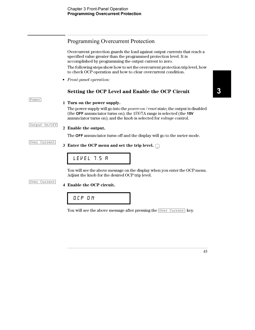 Agilent Technologies E3632A manual Programming Overcurrent Protection, Setting the OCP Level and Enable the OCP Circuit 