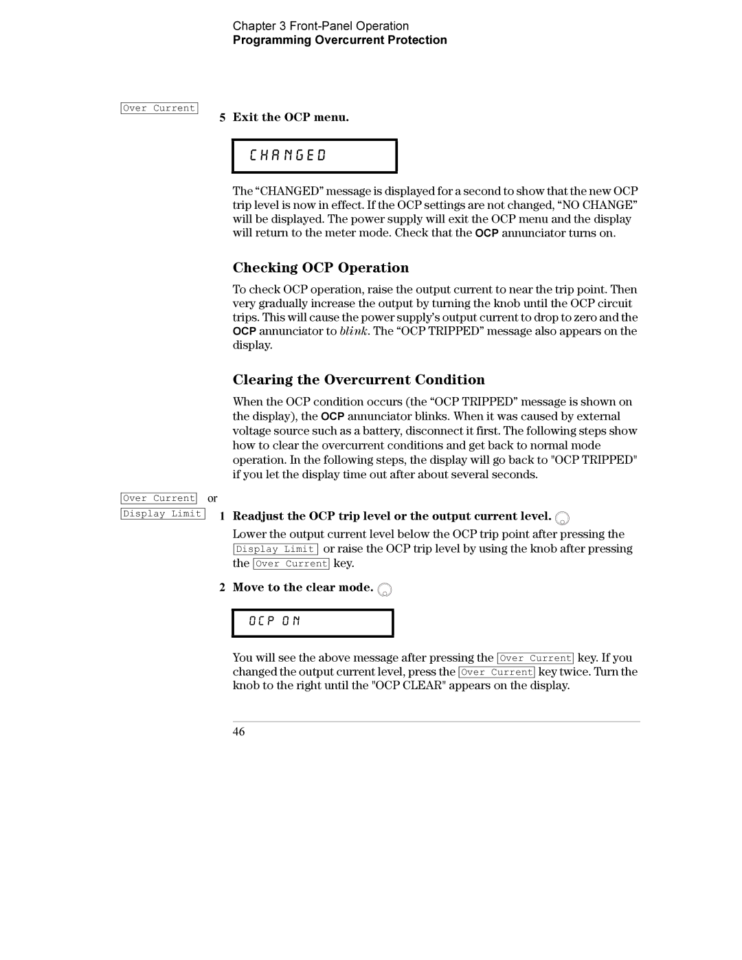 Agilent Technologies E3632A manual Checking OCP Operation, Clearing the Overcurrent Condition, Exit the OCP menu 