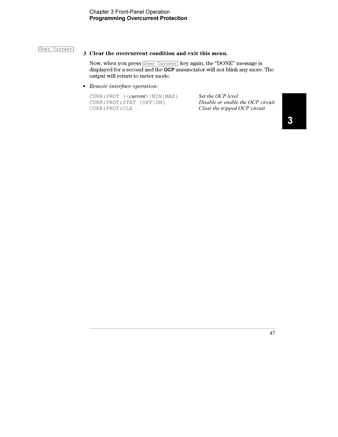 Agilent Technologies E3632A Clear the overcurrent condition and exit this menu, Currprot currentMINMAX, Currprotstat Offon 