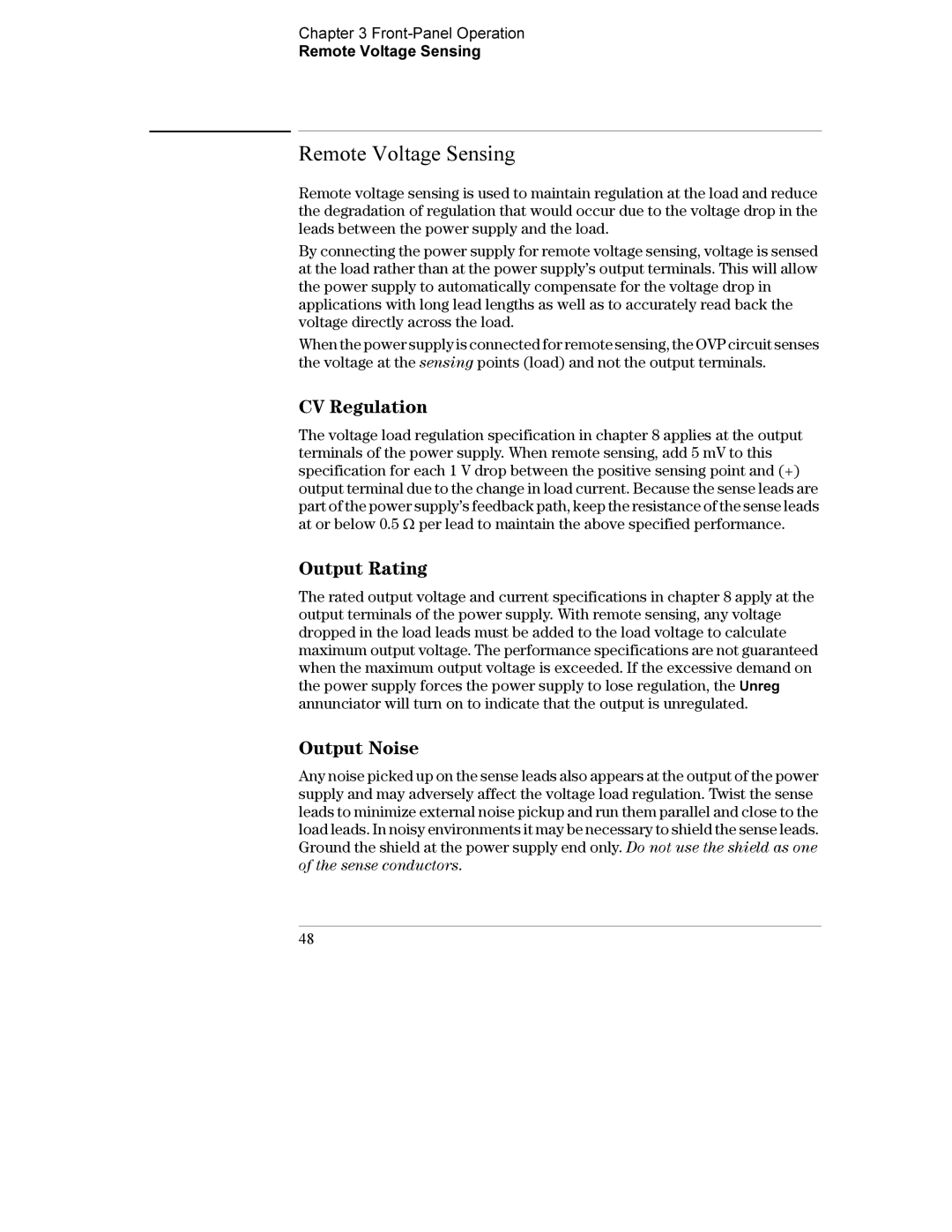 Agilent Technologies E3632A manual Remote Voltage Sensing, CV Regulation, Output Rating, Output Noise 