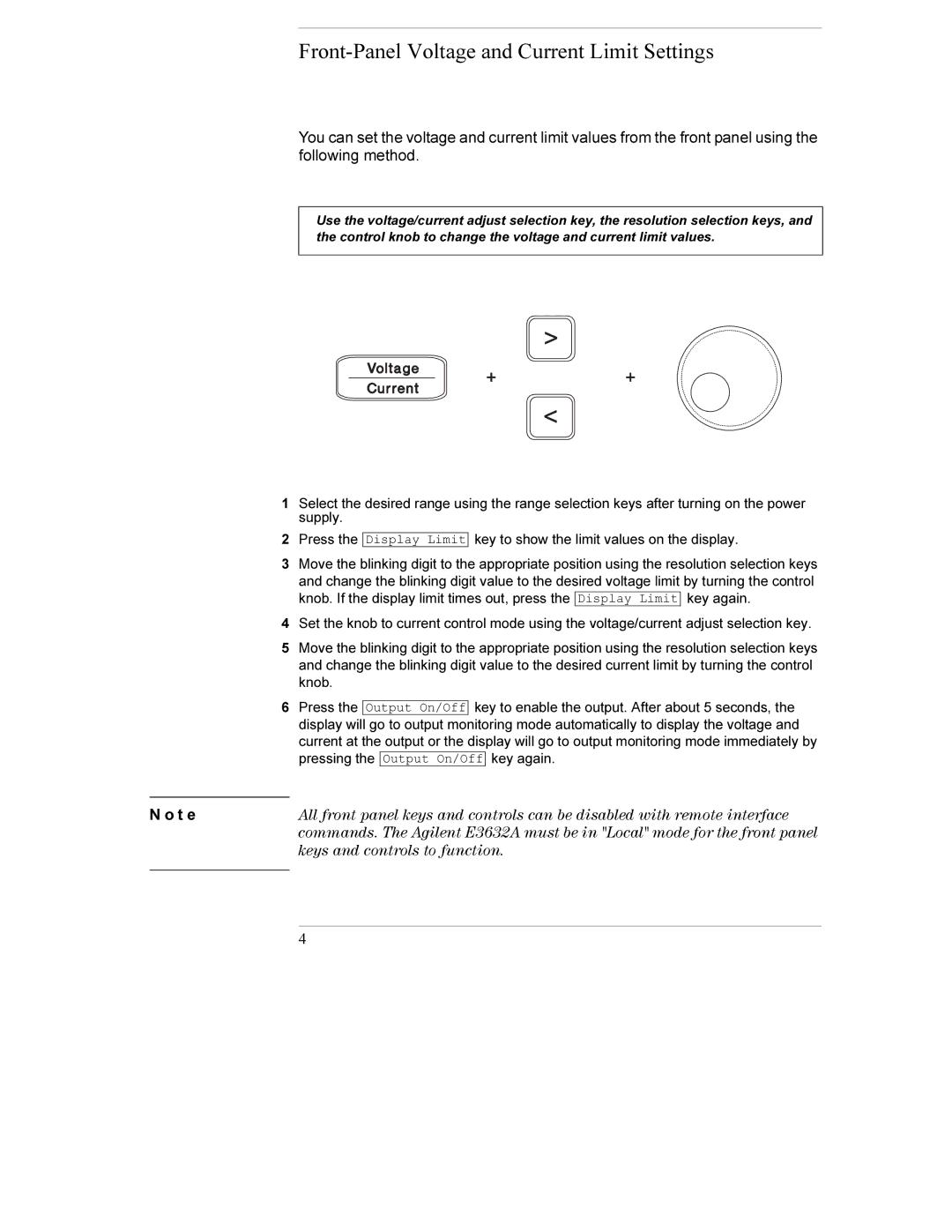 Agilent Technologies E3632A manual Front-Panel Voltage and Current Limit Settings, T e 