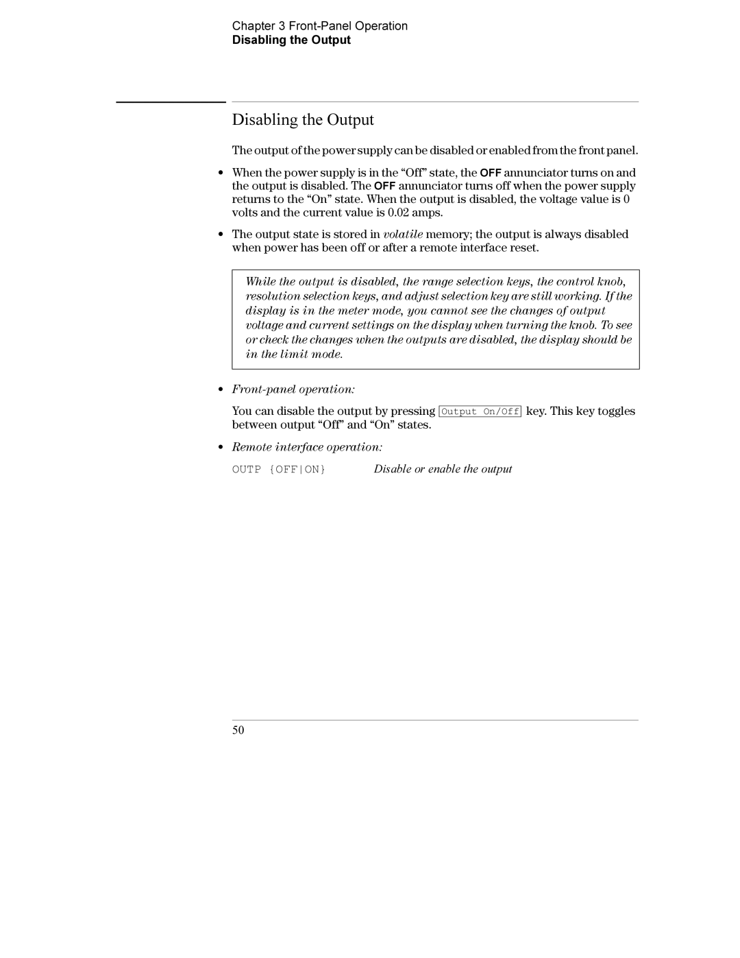 Agilent Technologies E3632A manual Front-Panel Operation Disabling the Output, Outp Offon 