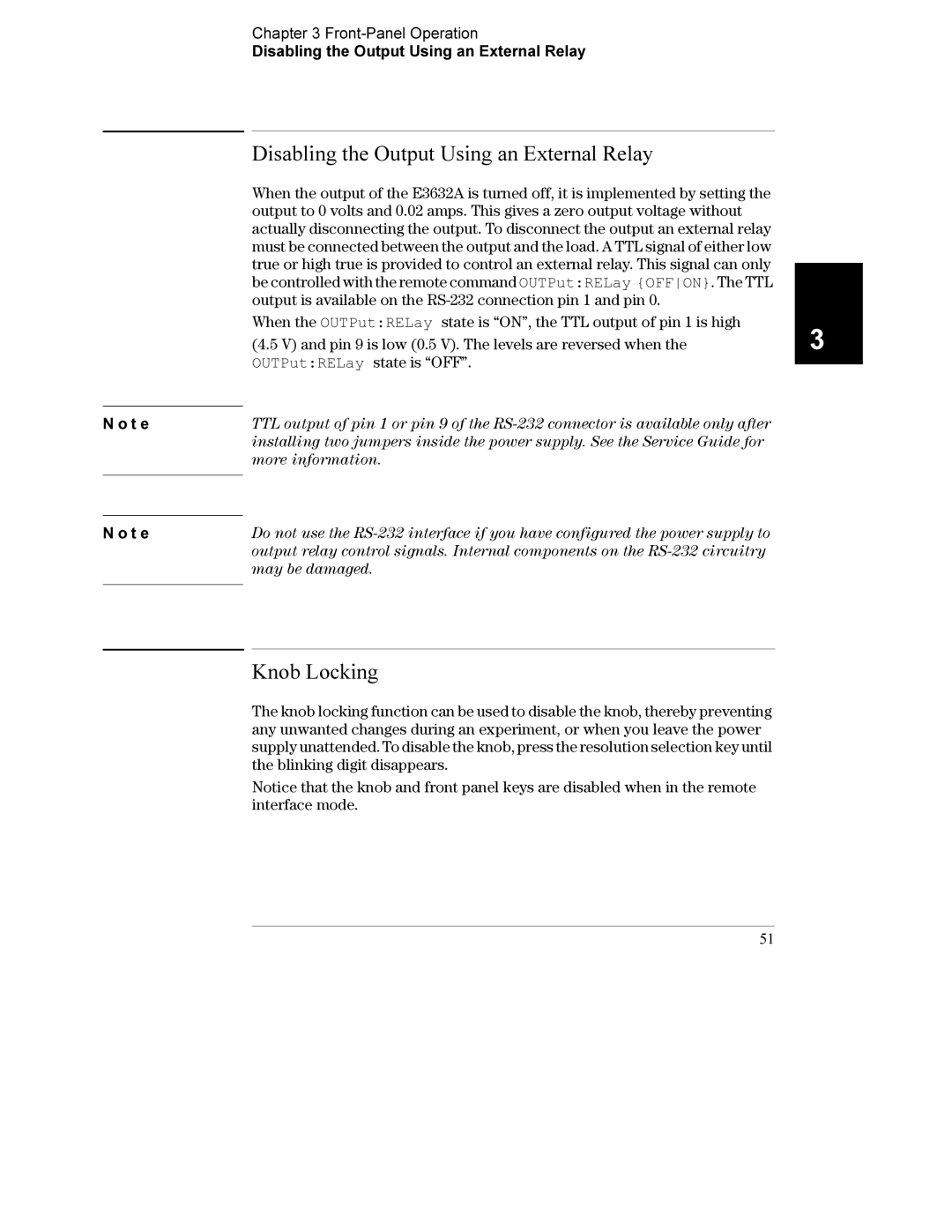 Agilent Technologies E3632A manual Disabling the Output Using an External Relay, Knob Locking 