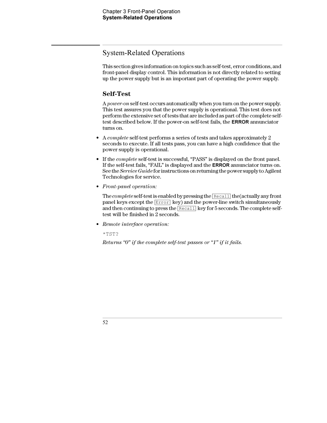 Agilent Technologies E3632A manual Self-Test, Front-Panel Operation System-Related Operations, Tst? 