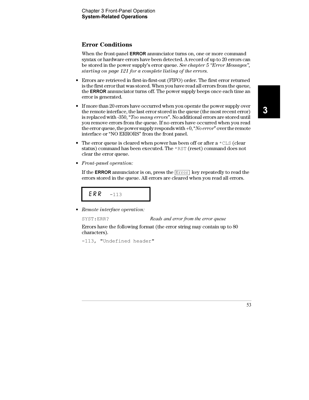 Agilent Technologies E3632A manual Error Conditions, Systerr?, 113, Undefined header 