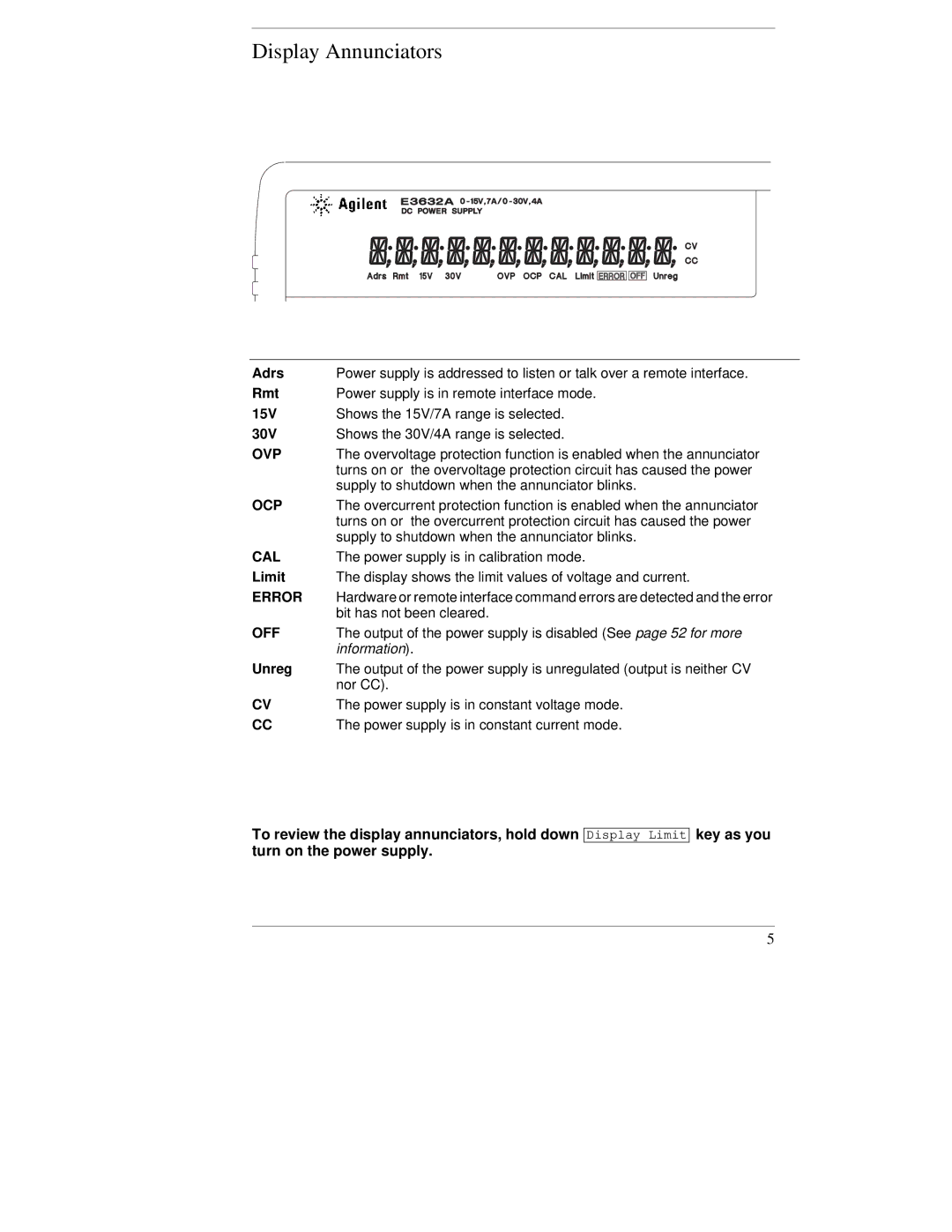 Agilent Technologies E3632A manual Display Annunciators, Ovp 