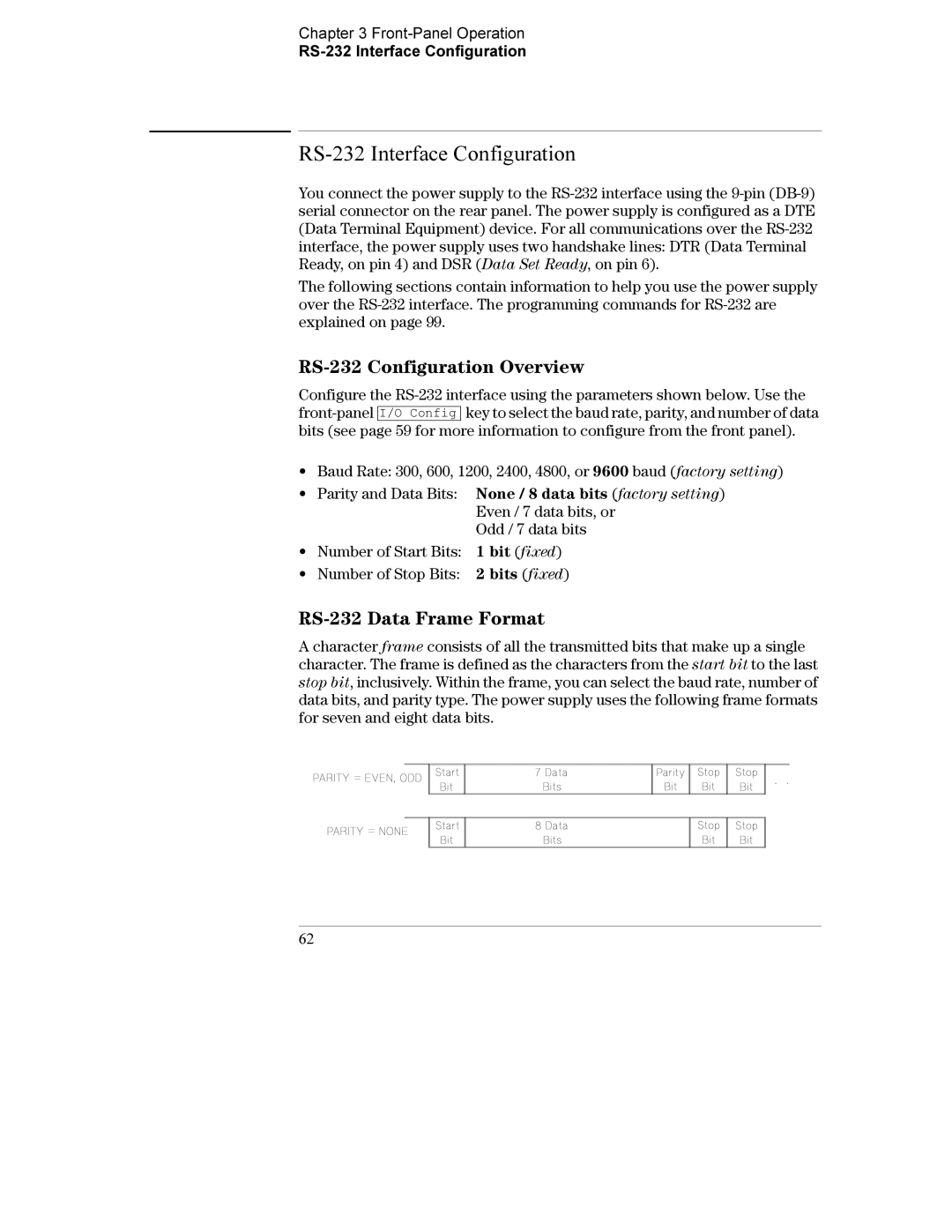 Agilent Technologies E3632A manual RS-232 Interface Configuration, RS-232 Configuration Overview, RS-232 Data Frame Format 