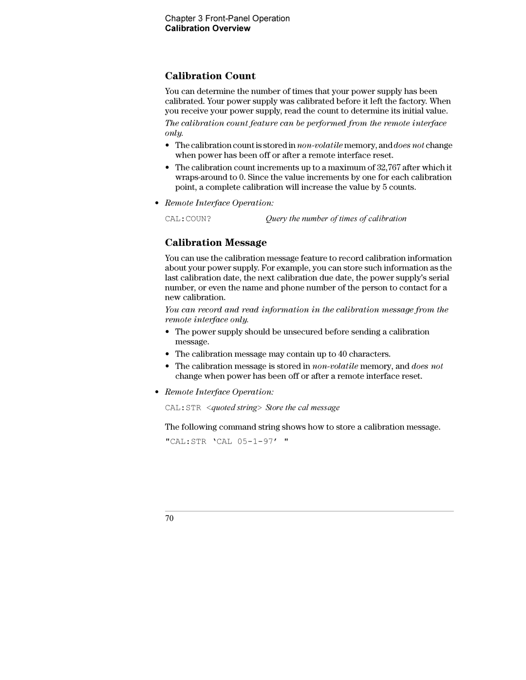 Agilent Technologies E3632A manual Calibration Count, Calibration Message, Calstr ‘CAL 05-1-97’ 