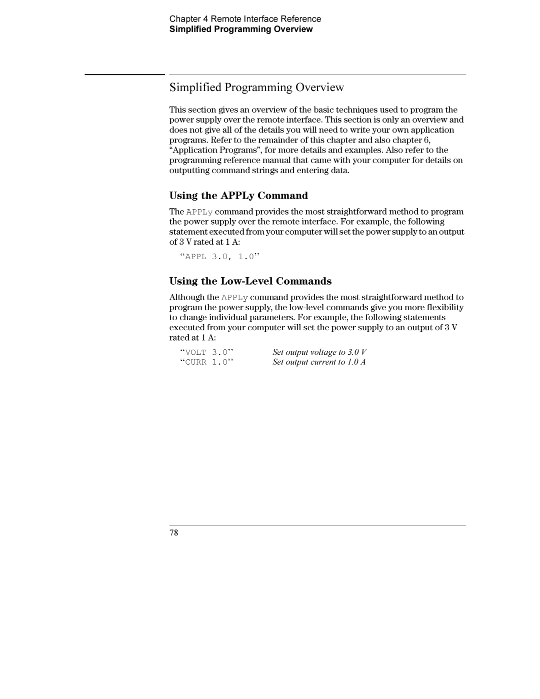 Agilent Technologies E3632A Simplified Programming Overview, Using the APPLy Command, Using the Low-Level Commands, ‘‘Volt 