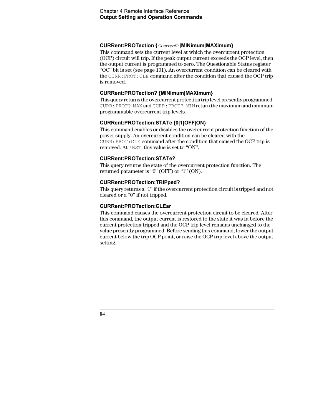 Agilent Technologies E3632A CURRentPROTection? MINimumMAXimum, CURRentPROTectionSTATe 01OFFON, CURRentPROTectionSTATe? 