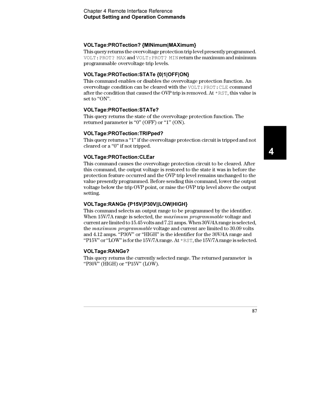 Agilent Technologies E3632A manual VOLTagePROTectionSTATe 01OFFON, VOLTagePROTectionSTATe?, VOLTagePROTectionTRIPped? 