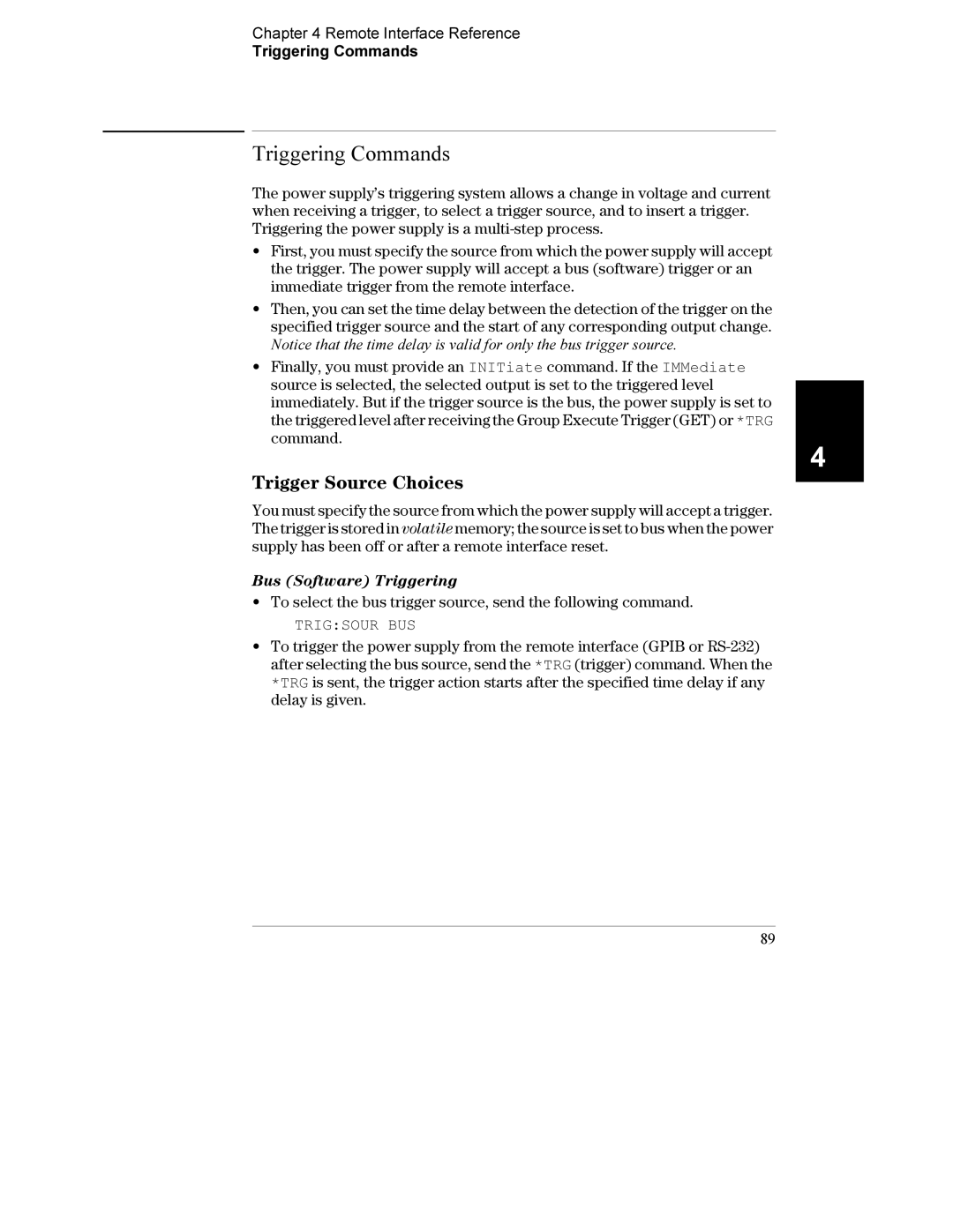 Agilent Technologies E3632A manual Trigger Source Choices, Remote Interface Reference Triggering Commands, Trigsour BUS 