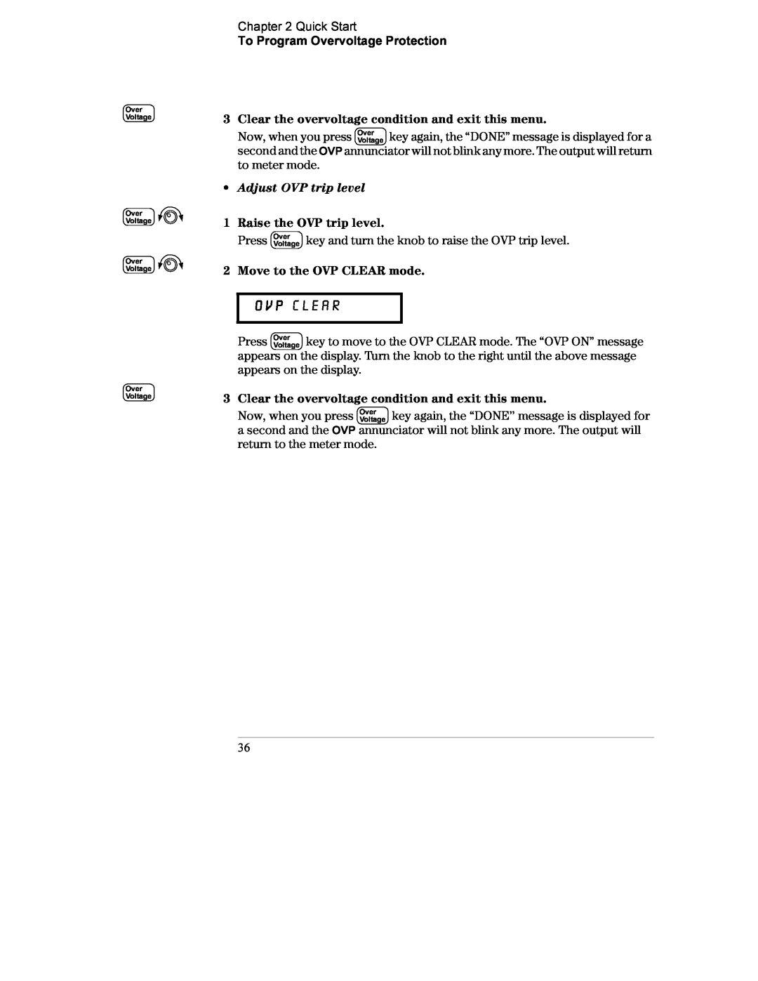 Agilent Technologies E3634A, E3633A manual Ovp Clear, Adjust OVP trip level 