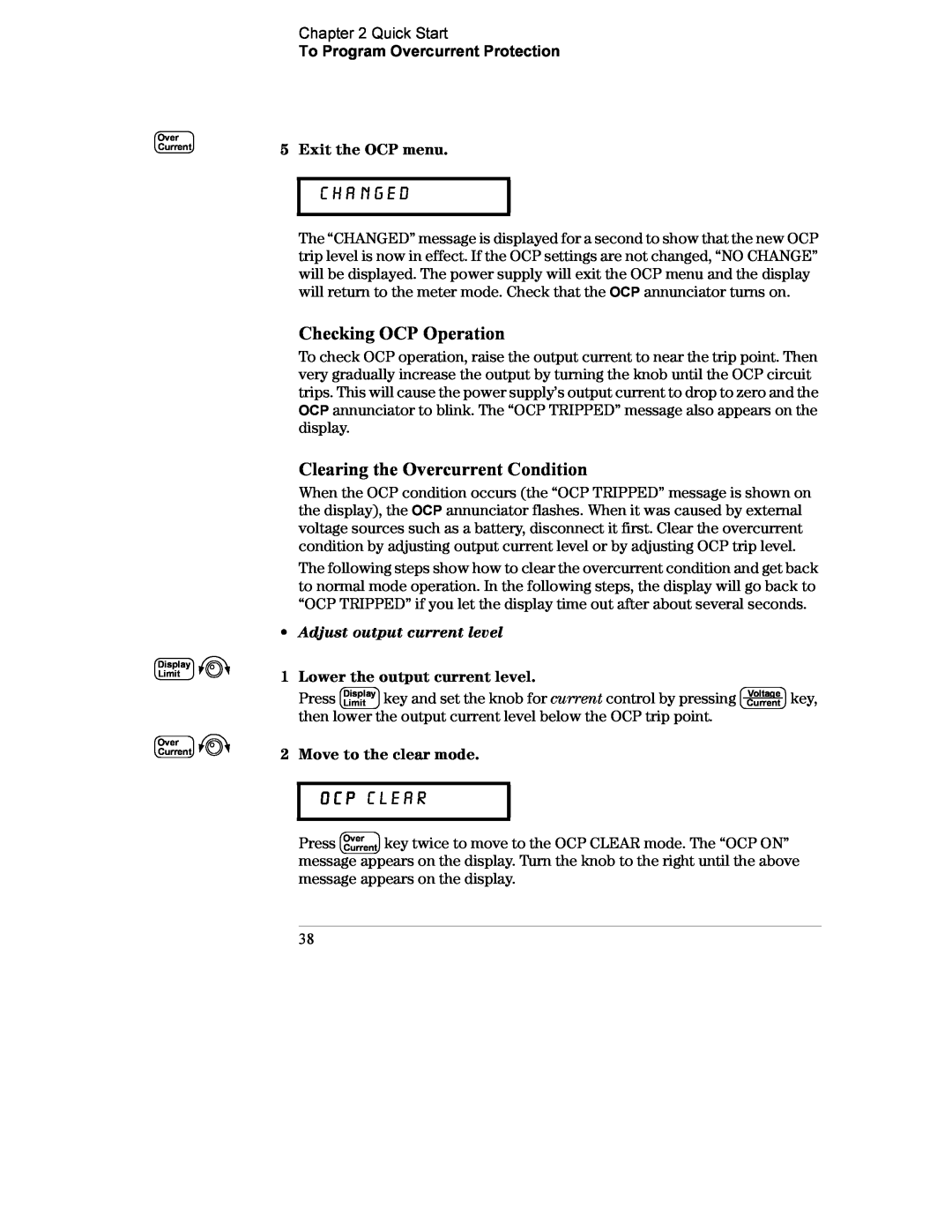 Agilent Technologies E3634A, E3633A manual Checking OCP Operation, Clearing the Overcurrent Condition, Ocp Clear, Changed 