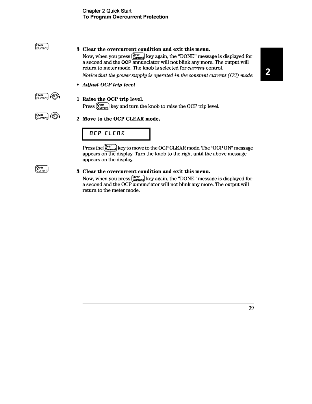 Agilent Technologies E3633A, E3634A manual Ocp Clear, Adjust OCP trip level 