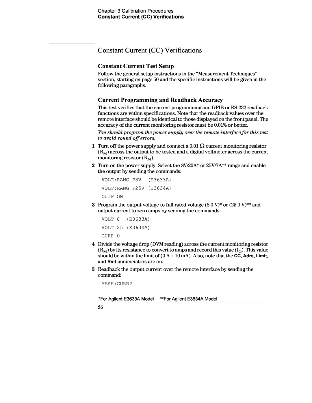 Agilent Technologies E3634A, E3633A manual Constant Current CC Verifications, Constant Current Test Setup 
