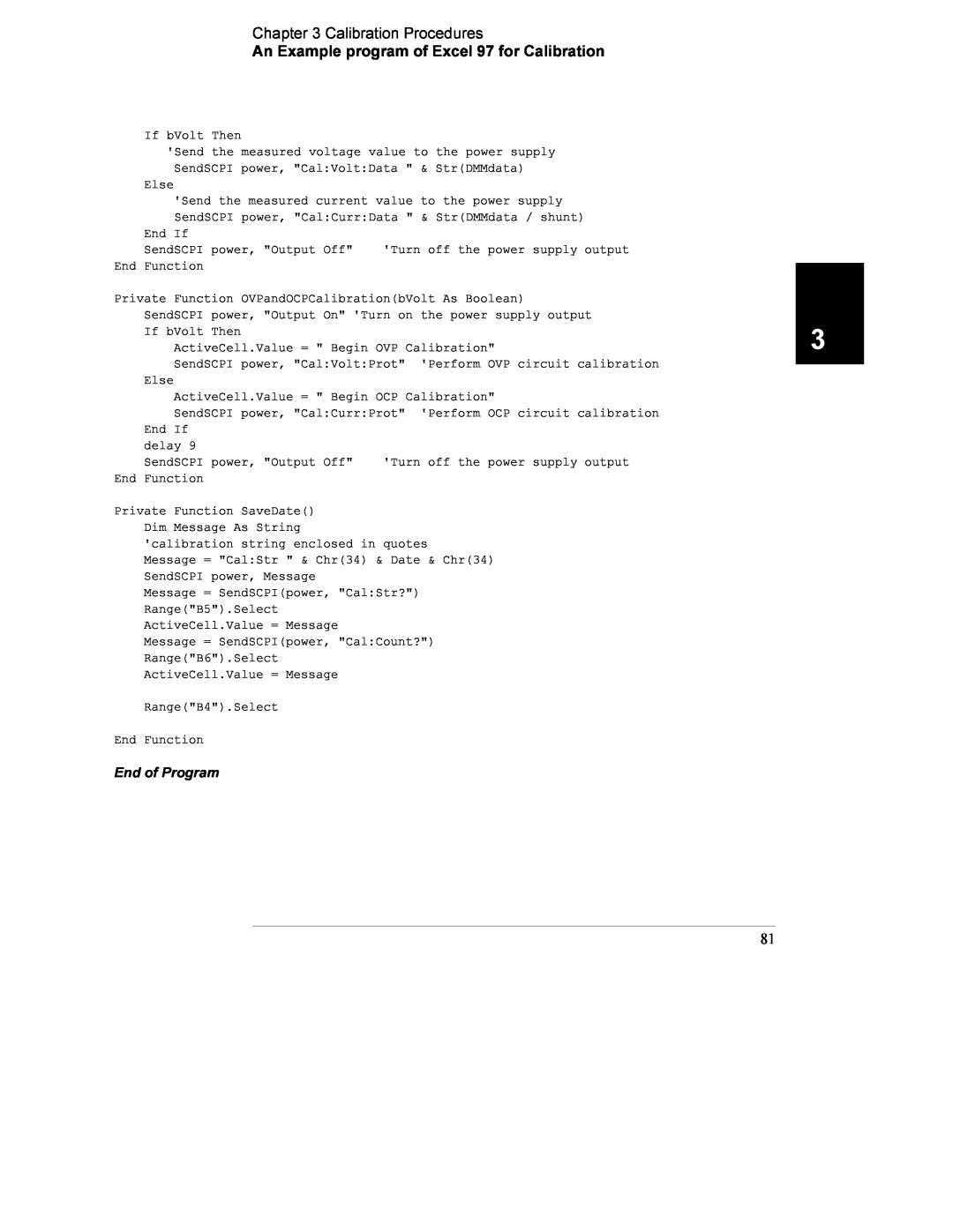 Agilent Technologies E3633A, E3634A Calibration Procedures, An Example program of Excel 97 for Calibration, End of Program 