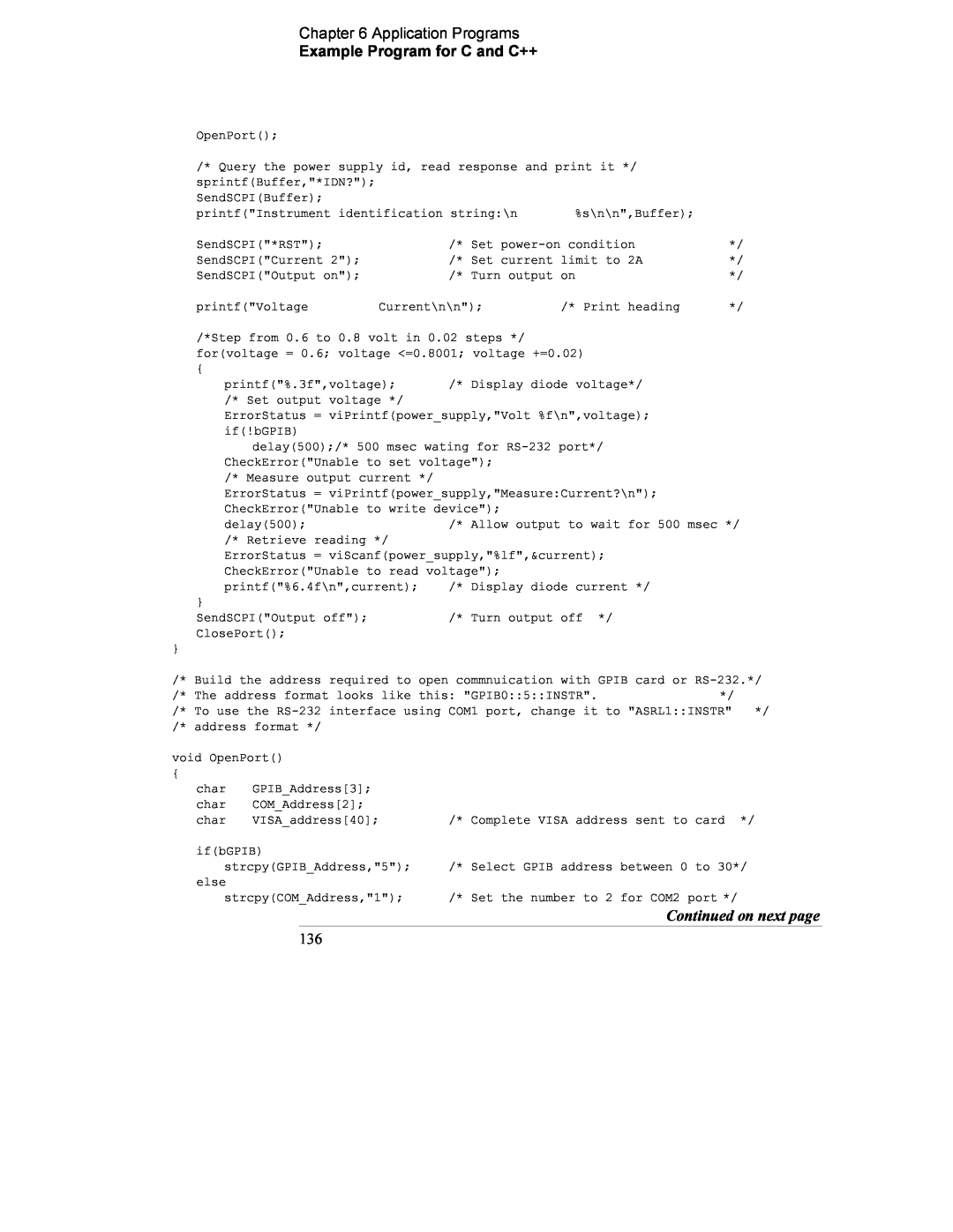 Agilent Technologies E3634A, E3633A manual Application Programs Example Program for C and C++, Continued on next page 136 