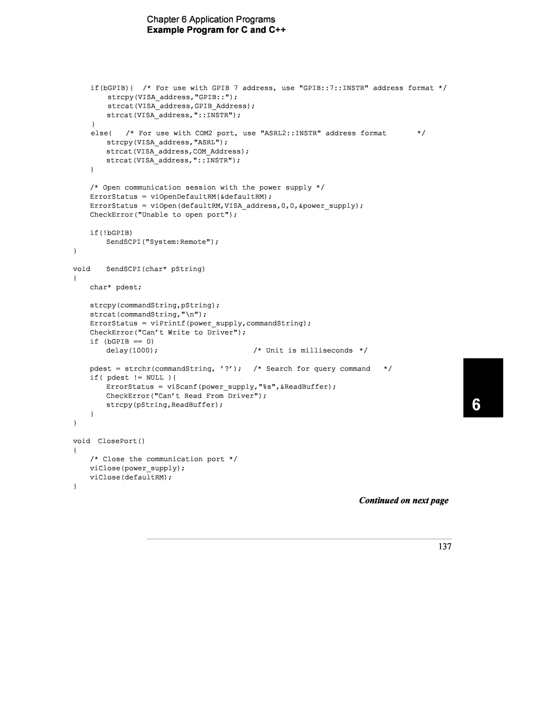 Agilent Technologies E3633A, E3634A manual Application Programs Example Program for C and C++, Continued on next page 137 