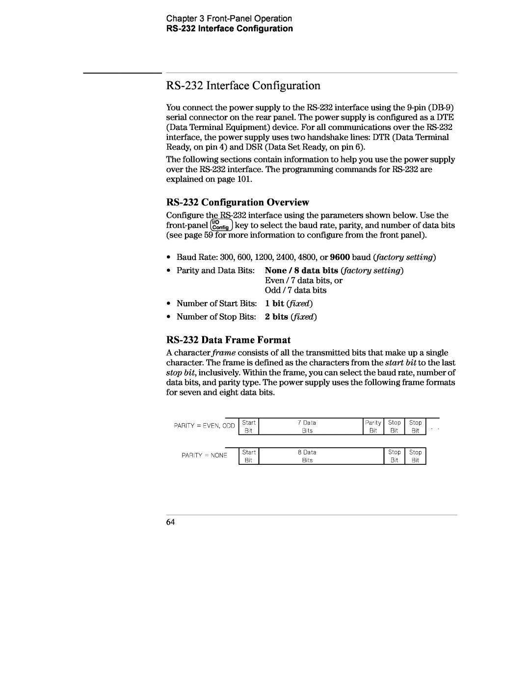 Agilent Technologies E3634A manual RS-232 Interface Configuration, RS-232 Configuration Overview, RS-232 Data Frame Format 