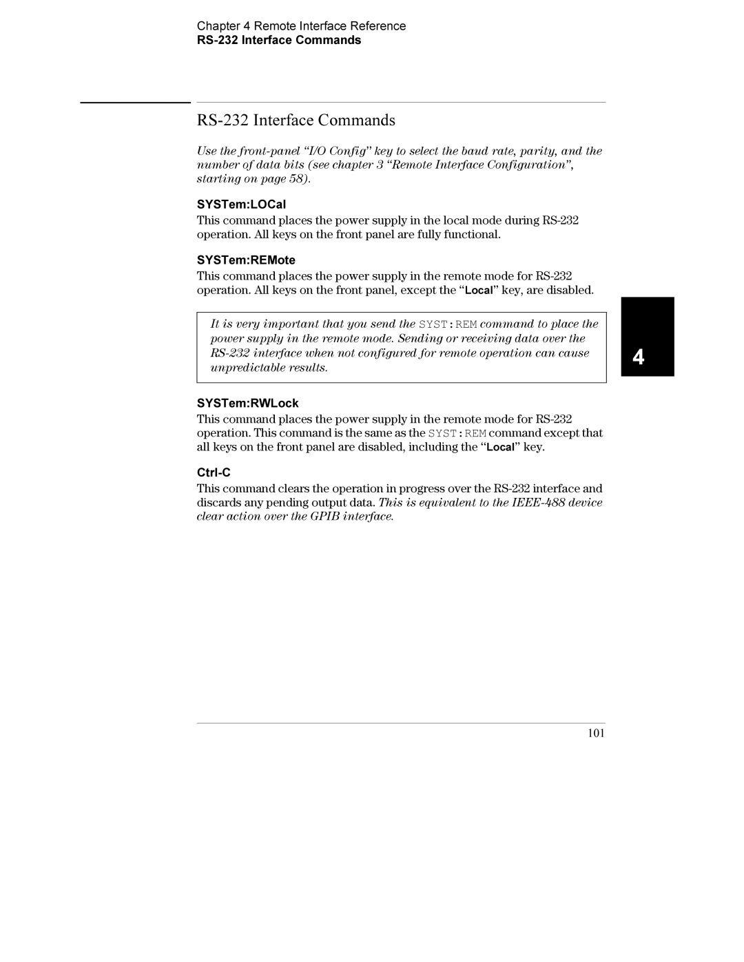 Agilent Technologies E3633A, E3634A Remote Interface Reference RS-232 Interface Commands, SYSTemREMote, Ctrl-C, 101 