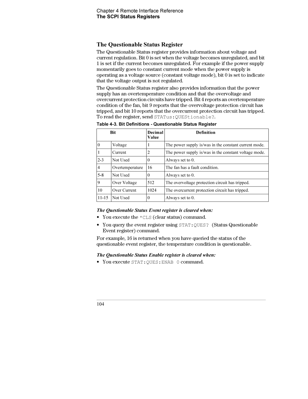 Agilent Technologies E3634A, E3633A Questionable Status Register, Questionable Status Event register is cleared when, 104 