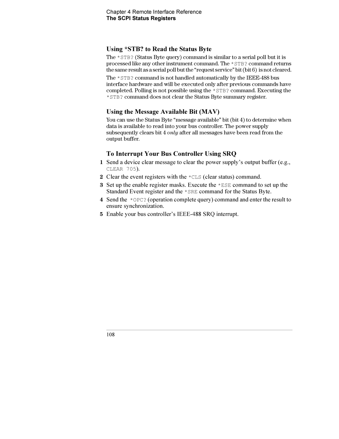 Agilent Technologies E3634A, E3633A Using *STB? to Read the Status Byte, Using the Message Available Bit MAV, Clear, 108 