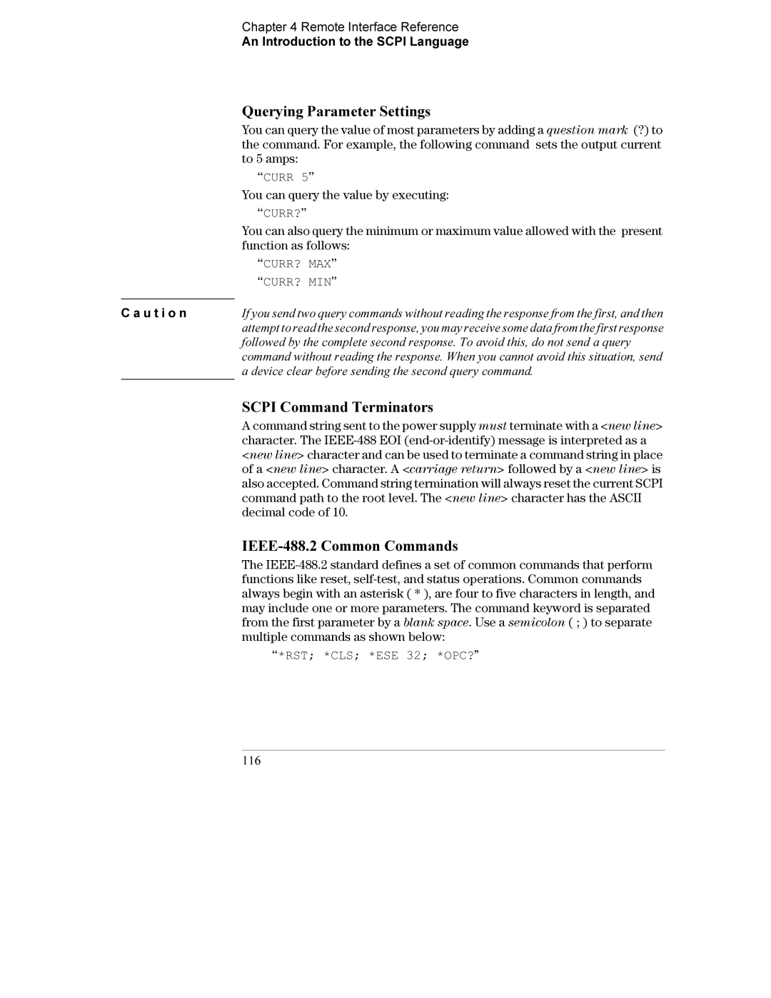 Agilent Technologies E3634A, E3633A manual Querying Parameter Settings, Scpi Command Terminators, IEEE-488.2 Common Commands 