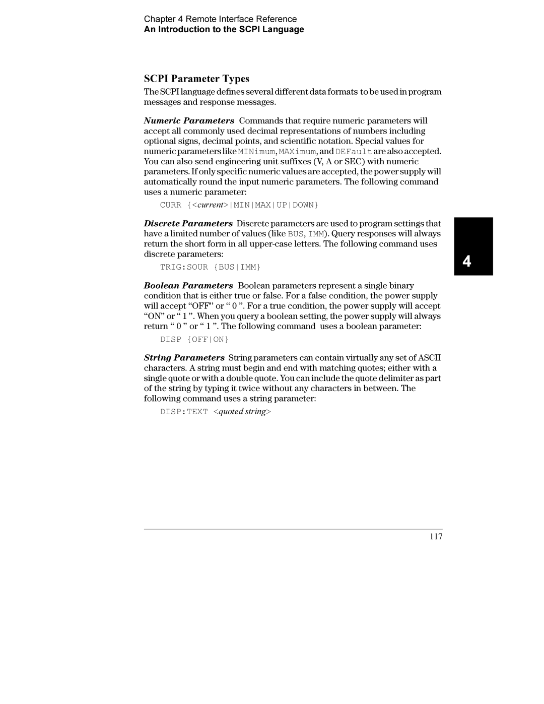 Agilent Technologies E3633A, E3634A manual Scpi Parameter Types, Curr currentMINMAXUPDOWN, Trigsour Busimm, 117 