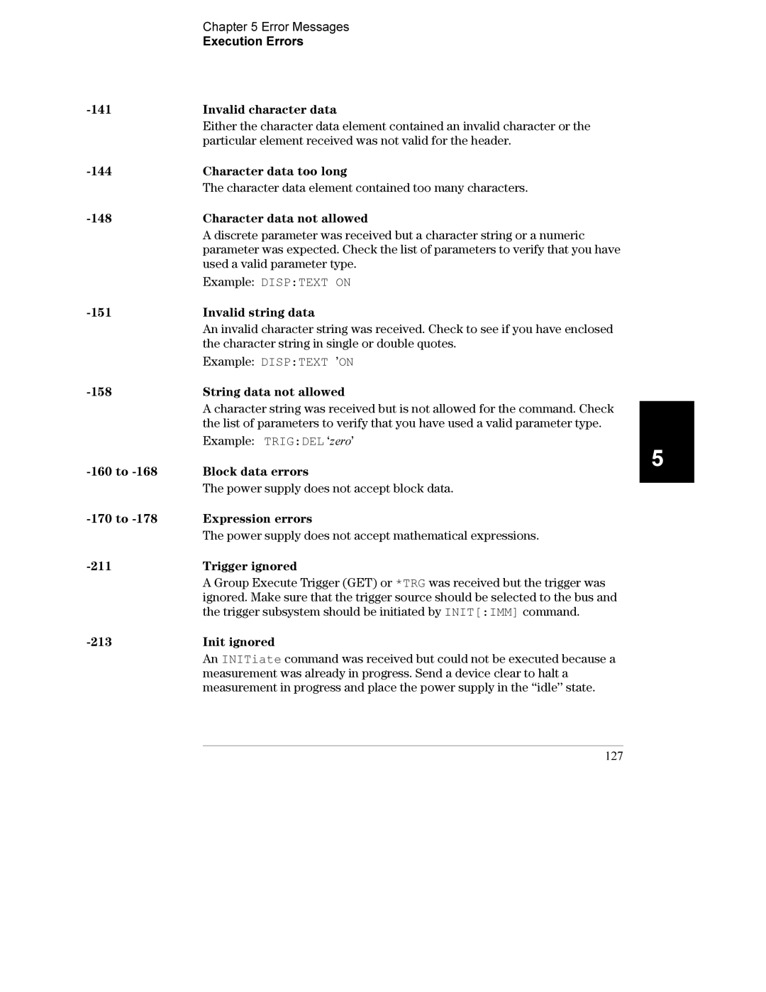 Agilent Technologies E3633A manual Error Messages Execution Errors 141 Invalid character data, Character data too long, 127 