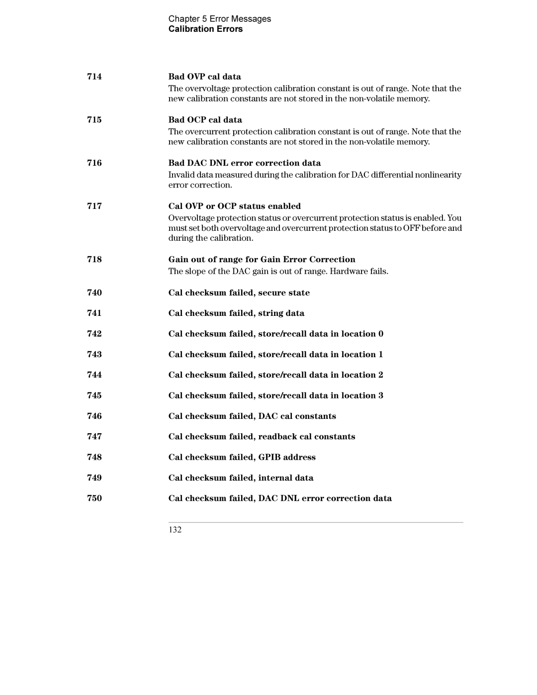 Agilent Technologies E3634A, E3633A manual Error Messages Calibration Errors 714 Bad OVP cal data, Bad OCP cal data 