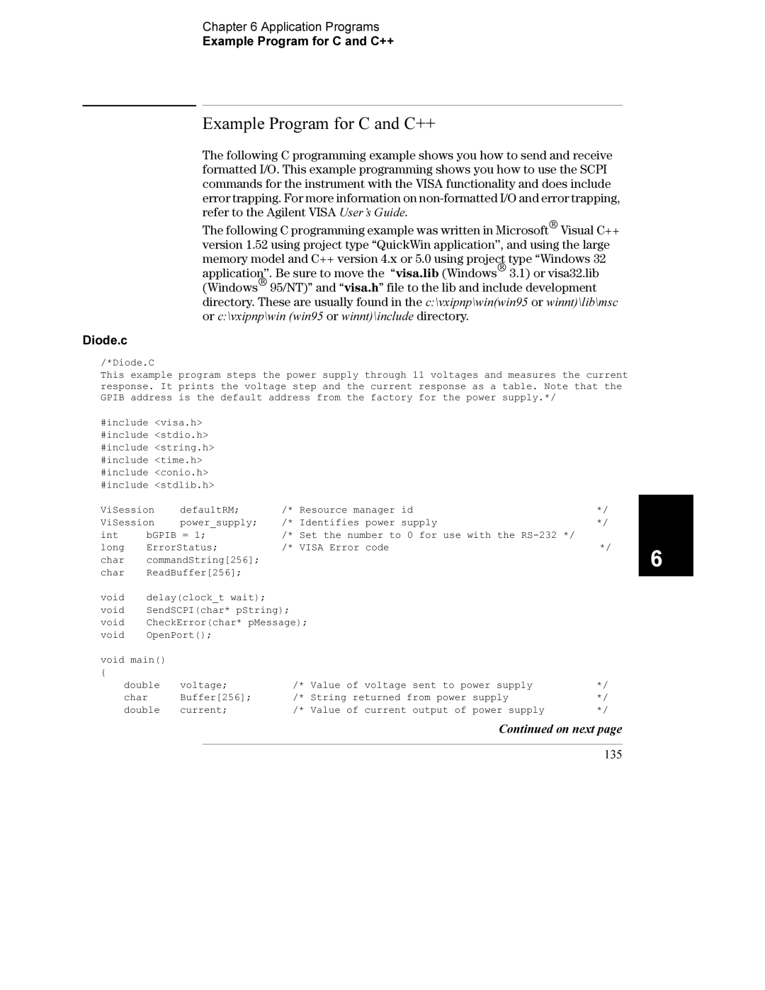 Agilent Technologies E3633A, E3634A manual Application Programs Example Program for C and C++, Diode.c, On next 135 