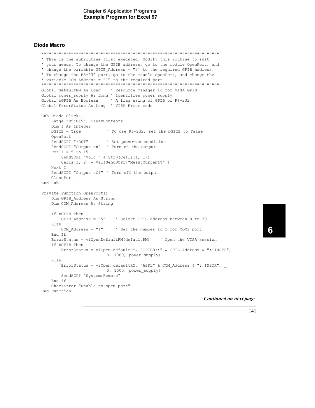 Agilent Technologies E3633A, E3634A manual Application Programs Example Program for Excel Diode Macro, On next 141 