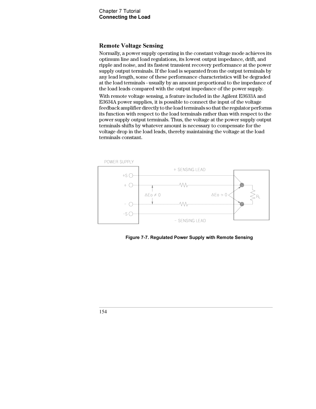 Agilent Technologies E3634A, E3633A manual Remote Voltage Sensing, Tutorial Connecting the Load, 154 