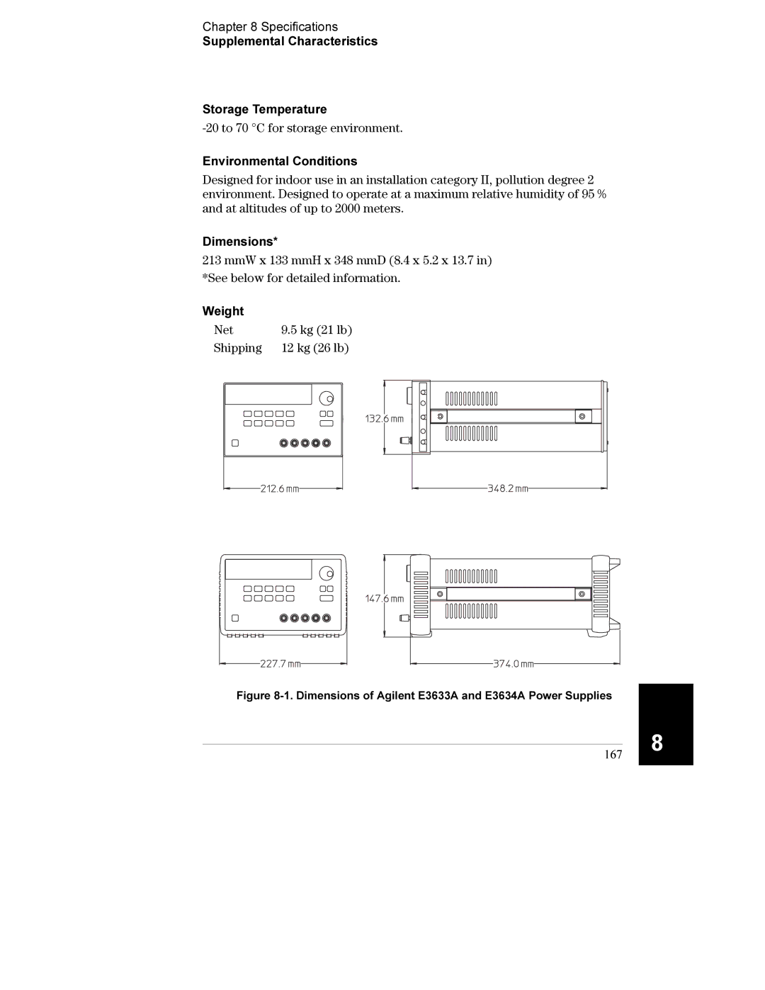 Agilent Technologies E3633A, E3634A manual Environmental Conditions, Dimensions, Weight, 167 