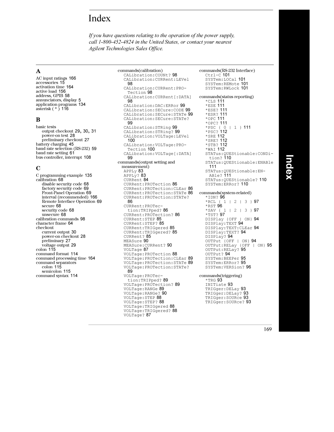 Agilent Technologies E3633A, E3634A manual Index, 169 