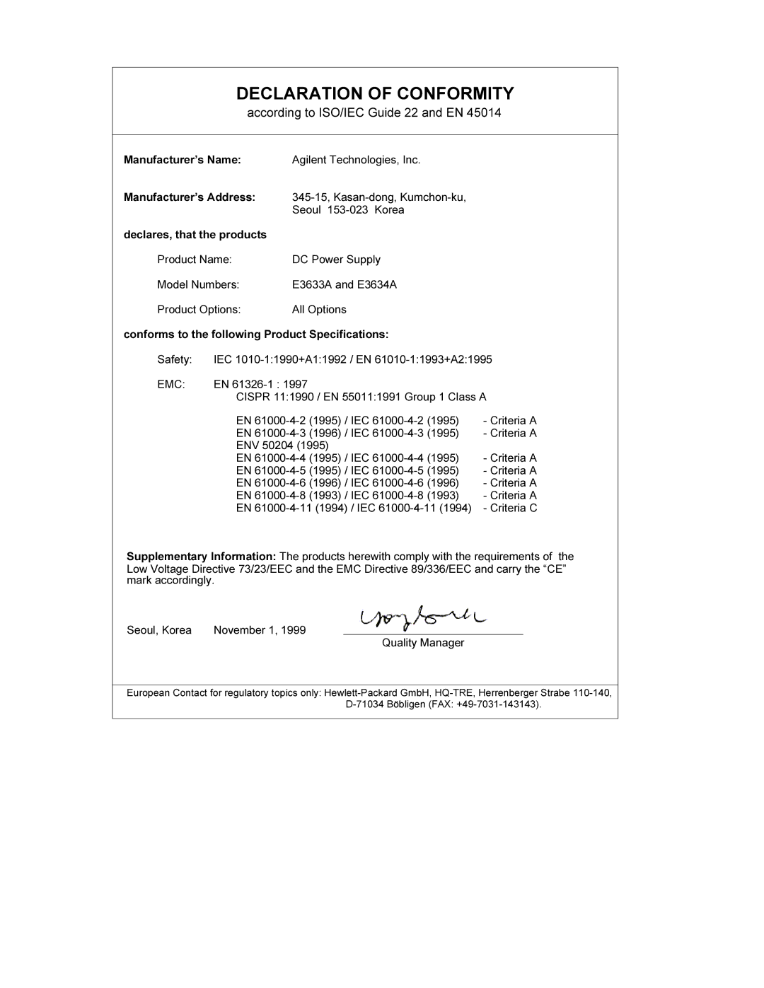 Agilent Technologies E3634A, E3633A manual Declaration of Conformity, According to ISO/IEC Guide 22 and EN 